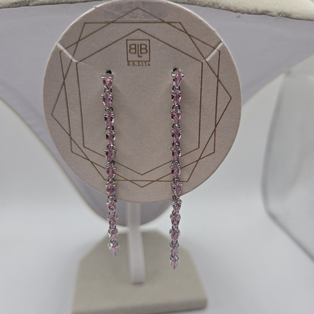 BB LILA She's All That Silver & Pink Pave Crystal 3" Drop Earrings